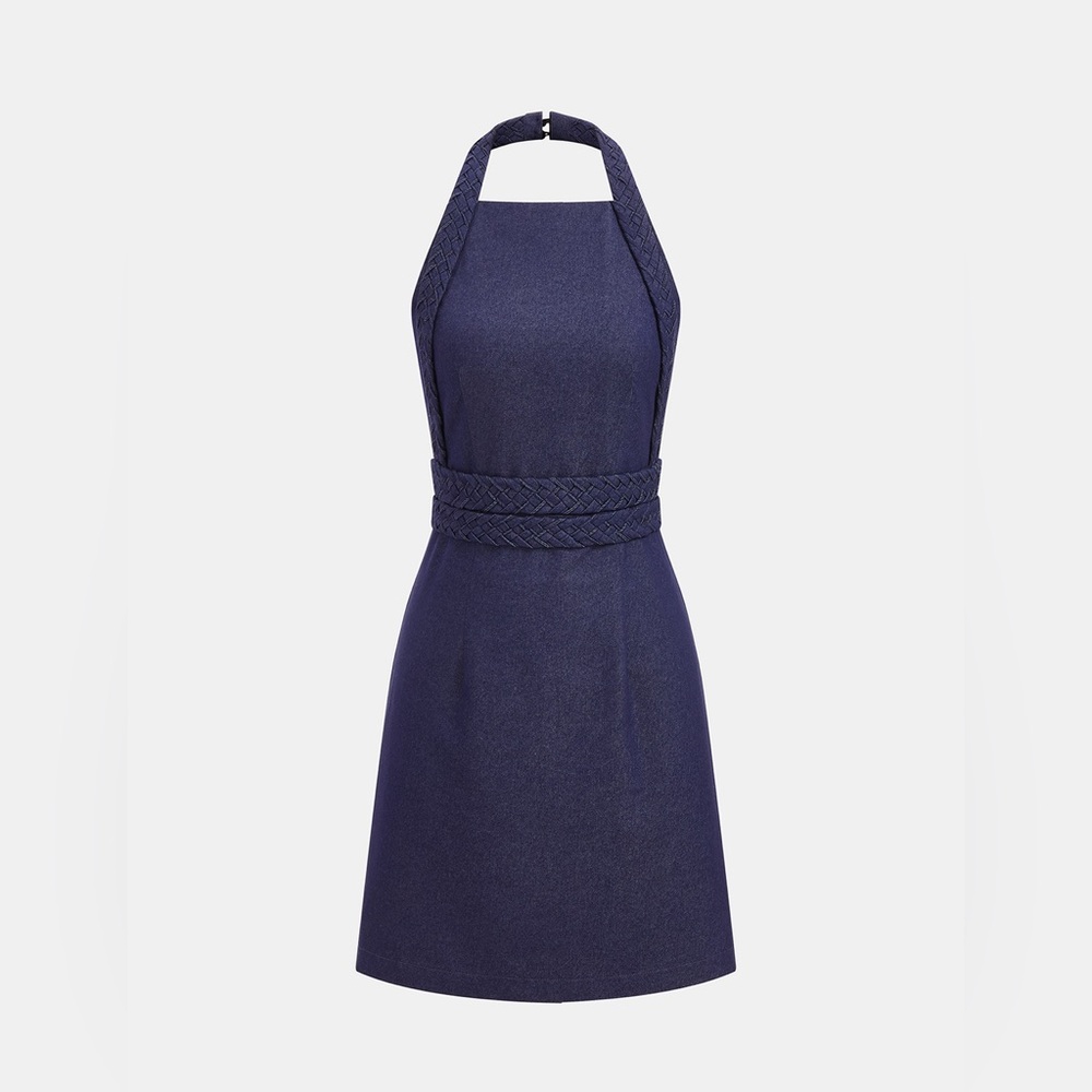 Commense Navy Halter Dress with Braided Waistband
